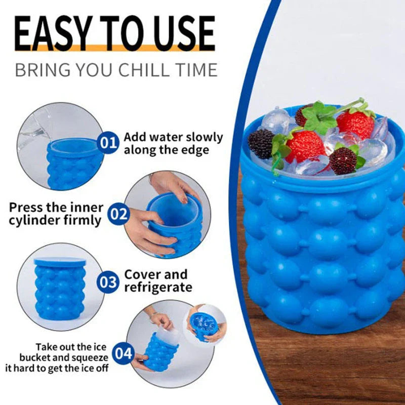 Ice Cube Mold, Large Silicone Ice Bucket, 2 in 1 Ice Cube Maker, Round Portable for Frozen Whiskey Cocktail Beverages