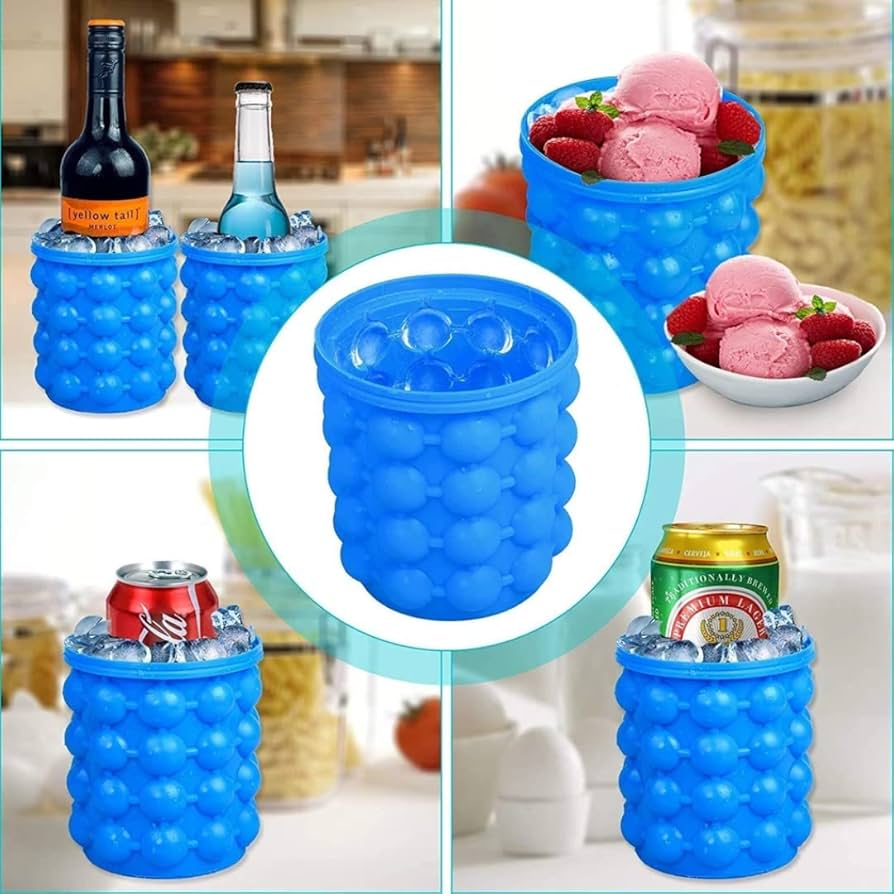 Ice Cube Mold, Large Silicone Ice Bucket, 2 in 1 Ice Cube Maker, Round Portable for Frozen Whiskey Cocktail Beverages