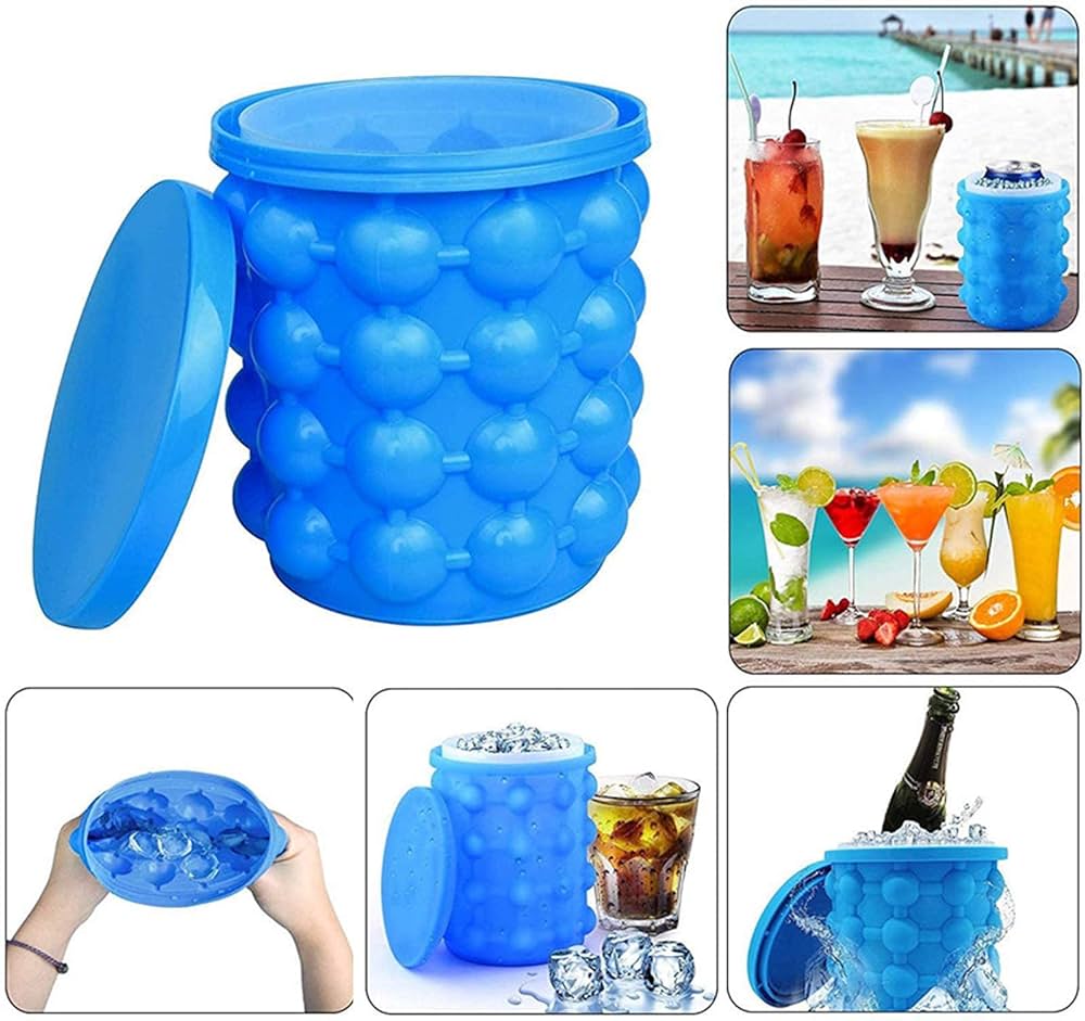 Ice Cube Mold, Large Silicone Ice Bucket, 2 in 1 Ice Cube Maker, Round Portable for Frozen Whiskey Cocktail Beverages