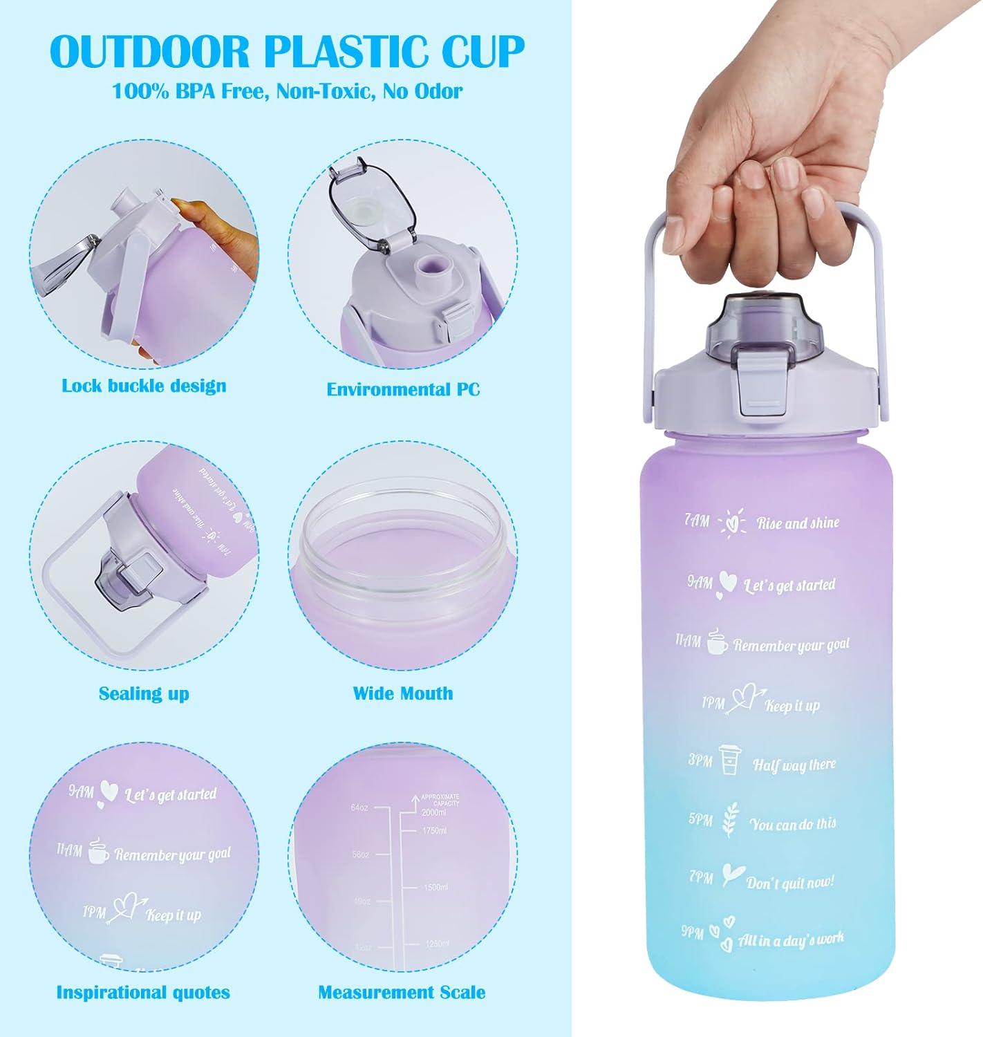 3pcs Water Bottle with Straw 2 Liter Water Bottle and Portable Bottle BPA Free Titan Drinks Bottle Leakproof