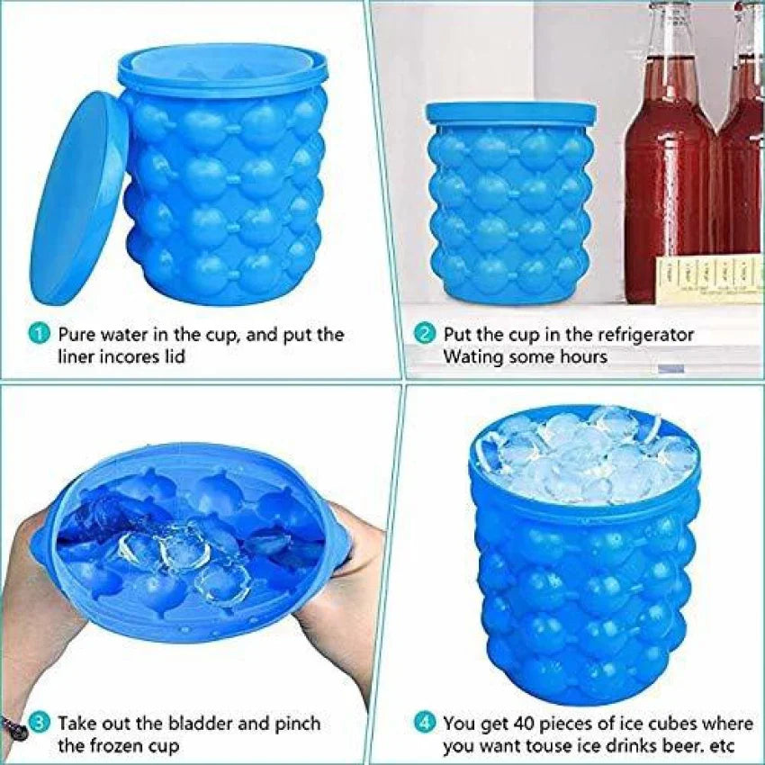 Ice Cube Mold, Large Silicone Ice Bucket, 2 in 1 Ice Cube Maker, Round Portable for Frozen Whiskey Cocktail Beverages