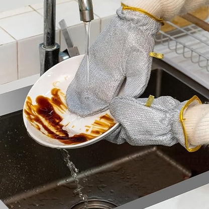 Kitchen Cleaning Dishwashing Silver Silk Glove, Reusable Silver Wire Gloves (Pair)