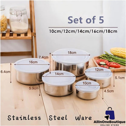 [Set of 5] Stackable Stainless Steel Snack Food Storage Containers With Lids, Leakproof Clear Lids For Lunch