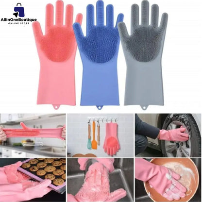 Silicone Reusable Magic Gloves with scrubber for  Wash Dish, Car Washing, Kitchen, Bathroom Multipurpose Usage (Pack of 2)