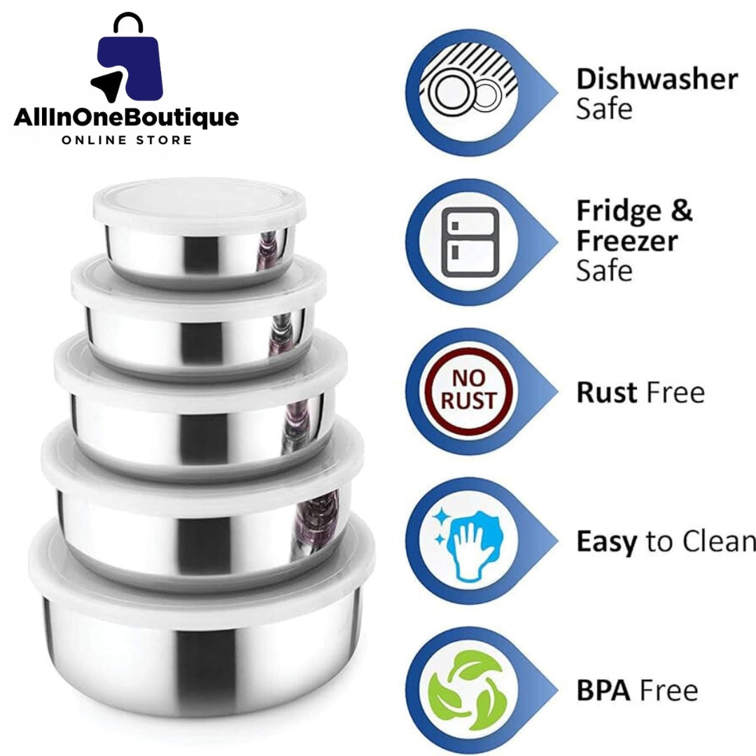 [Set of 5] Stackable Stainless Steel Snack Food Storage Containers With Lids, Leakproof Clear Lids For Lunch