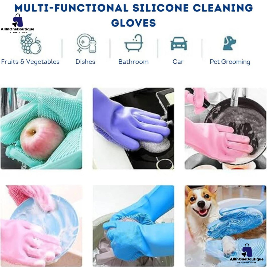 Silicone Reusable Magic Gloves with scrubber for  Wash Dish, Car Washing, Kitchen, Bathroom Multipurpose Usage (Pack of 2)