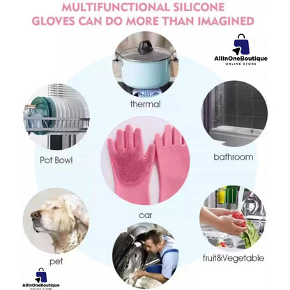 Silicone Reusable Magic Gloves with scrubber for  Wash Dish, Car Washing, Kitchen, Bathroom Multipurpose Usage (Pack of 2)